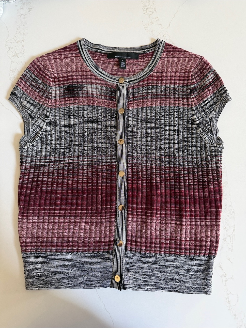 White House Black Market Short-Sleeve Ribbed Button Cardigan - Maroon & Gray